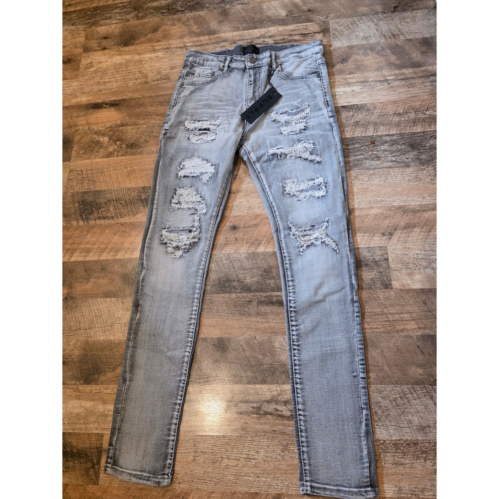 Supply & Co Steal Skinny Jeans Mens 34‎ Grey Wash Distressed Ripped Denim